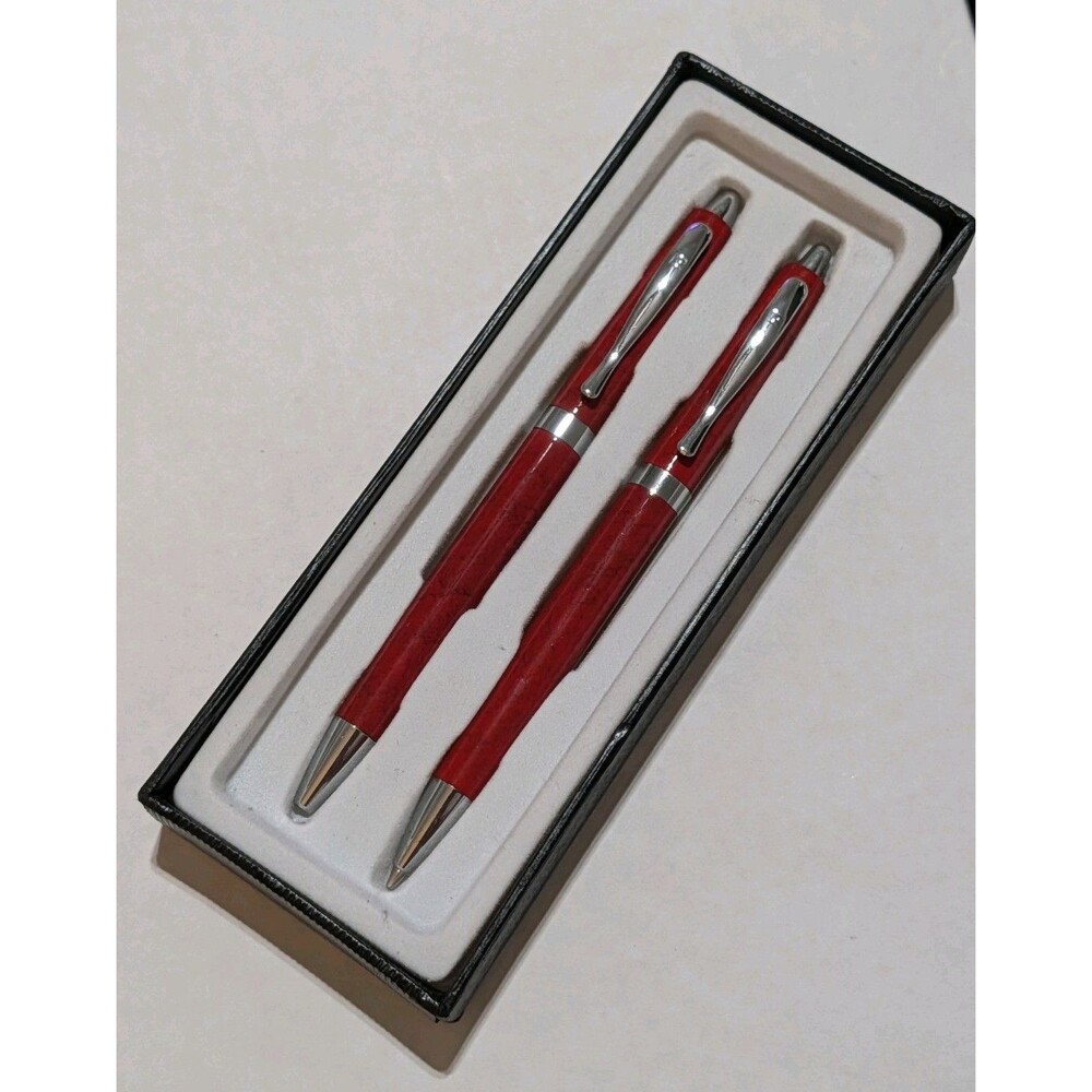Vintage Pierre Cardin Red Marbled Ballpoint Pen & Mechanical Pencil Box Set